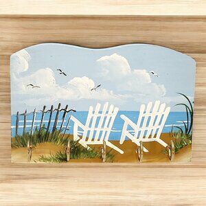 Hand Painted Coastal Beach Adirondack Waterfront Scene Wood Wall Rack Key Holder